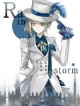  1girl arm_behind_back blue_feathers blue_gloves blue_shirt circle closed_mouth coat commentary english_text feathers freckles gloves grey_eyes grey_hair hair_bun hand_on_headwear hat hat_feather highres looking_at_viewer neck_ribbon official_alternate_costume qianwei_yuanqing reverse:1999 ribbon shirt short_hair single_side_bun solo top_hat untranslatable_commentary upper_body vertin_(ipstar)_(reverse:1999) vertin_(reverse:1999) white_background white_coat white_hat yellow_ribbon 