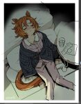  1girl animal_ears bed blush cold_pack collared_pajamas commentary cup dated drinking_glass fever from_above full-face_blush full_body horse_ears horse_girl horse_tail indoors long_sleeves looking_up medicine on_floor orange_hair pajamas pink_pajamas short_hair sick sitting solo sweat t.m._opera_o_(umamusume) table tail ttuk_san umamusume untranslatable_commentary 