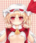  ascot blonde_hair blush breast_mousepad embarrassed flandre_scarlet flat_chest hat hat_ribbon highres kagitsune_torii mousepad nipples plaid plaid_background red_eyes ribbon shirt_lift short_hair side_ponytail solo touhou 