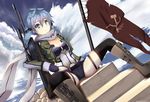  black_legwear blue_hair boots breasts cleavage commentary dutch_angle flag gun hammer_and_sickle hews_hack highres knee_boots md5_mismatch medium_breasts rifle self_upload short_shorts shorts sinon sitting sniper_rifle solo spread_legs sword_art_online thighhighs vest weapon 