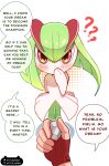  1boy 1girl ? absurdres blush colored_skin commentary english_commentary fingerless_gloves gloves green_hair green_skin highres horns kirlia multicolored_skin out_of_frame pink_eyes pokemon pokemon_(creature) red_gloves sidelocks simple_background speech_bubble two-tone_skin white_background white_skin wittlemoew 