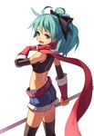  belt black_legwear blue_eyes blue_hair fkey gloves holding long_hair open_mouth original ponytail red_gloves red_scarf scarf shorts simple_background solo thighhighs white_background 