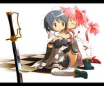  :3 animal_ears armband blue_eyes blue_hair bow cape cat_ears cat_tail checkered checkered_floor closed_eyes cuts dress gloves hair_bow haribote_(tarao) hug injury kaname_madoka kemonomimi_mode letterboxed magical_girl mahou_shoujo_madoka_magica miki_sayaka multiple_girls pink_hair short_hair short_twintails sitting sword tail thighhighs twintails weapon 