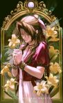  1girl absurdres aerith_gainsborough artist_name bracelet braid braided_ponytail brown_hair choker closed_mouth commentary dress english_commentary final_fantasy final_fantasy_vii final_fantasy_vii_remake flower green_eyes hair_ribbon highres jacket jewelry long_hair open_clothes open_jacket oretsuu own_hands_together parted_bangs pink_dress pink_ribbon ponytail red_jacket ribbon short_sleeves solo upper_body yellow_flower 
