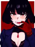  1girl black_hair blood blood_in_mouth blue_coat blush bob_cut border breasts cleavage coat commentary copyright_request deadlock_(game) dress eyebrows_hidden_by_hair finger_in_own_mouth gloves highres jewelry looking_at_viewer makeup mina_(deadlock) necklace nose open_mouth pale_skin red_background red_eyes red_gloves sharp_teeth short_hair signature solo staring teeth tongue vampire web_zzzz white_border 