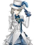  1girl arm_behind_back blue_feathers blue_gloves blue_shirt closed_mouth coat commentary feathers freckles gloves grey_eyes grey_hair hair_bun hand_on_headwear hat hat_feather highres looking_at_viewer neck_ribbon official_alternate_costume qianwei_yuanqing reverse:1999 ribbon shirt short_hair single_side_bun solo top_hat untranslatable_commentary upper_body vertin_(ipstar)_(reverse:1999) vertin_(reverse:1999) white_background white_coat white_hat yellow_ribbon 