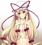  alternate_eye_color blonde_hair bow breasts cleavage csai hair_bow hair_censor hair_over_breasts hat hat_ribbon head_tilt highres long_hair looking_at_viewer medium_breasts navel nude red_eyes ribbon solo touhou upper_body very_long_hair yakumo_yukari 