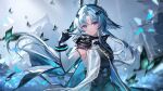  1girl absurdres animal_ears arcane_(arknights) arknights arknights:_endfield bird_ears bird_girl black_cape black_gloves blue_cape blue_eyes blue_hair bug butterfly butterfly_on_hand cape closed_mouth commentary_request elbow_gloves facial_mark forehead_mark gloves grey_hair hakuto_kinkinko head_wings highres long_hair multicolored_gloves multicolored_hair solo two-sided_cape two-sided_fabric two-tone_cape two-tone_gloves white_gloves wings 
