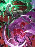  2boys arm_up armor bodysuit cape clenched_hand commentary doctor_doom electricity english_commentary fantastic_four gloves glowing glowing_hand green_cape green_hood grey_hair helmet highres hood hooded_cape magneto marvel marvel_tokon:_fighting_souls mask metal_mask multiple_boys muscular muscular_male official_art purple_cape purple_gloves superhero_costume tsuzaki_mayumi x-men 