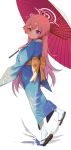  1girl absurdres ahoge alternate_costume blue_archive blue_eyes blue_kimono blush chinese_commentary closed_mouth commentary_request ebsuiiote from_behind full_body halo heterochromia highres holding holding_umbrella hoshino_(blue_archive) japanese_clothes kimono long_hair long_sleeves looking_at_viewer looking_back obi oil-paper_umbrella pink_hair pink_halo print_kimono sandals sash simple_background smile solo tabi umbrella white_background wide_sleeves yellow_eyes zouri 
