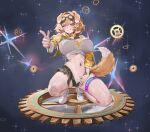  1girl absurdres animal_ears anis_(nikke) anis_(nikke)_(cosplay) badkrol blonde_hair blush bonnie_barkswell breasts cleavage colored_tips commentary cosplay dog_ears dog_girl dog_tail english_commentary gears goggles goggles_on_head green_eyes grin hair_intakes highres indie_virtual_youtuber large_breasts multicolored_hair navel panties shoes shorts smile sparkle squatting tail thigh_strap thighs underwear virtual_youtuber white_hair white_panties white_shoes 