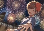  1boy aerial_fireworks blush brown_hair closed_eyes commentary_request facing_viewer ferris_wheel fireworks ganbare!_nakamura-kun!! highres hirose_aiki japanese_clothes male_focus mask mask_on_head night open_mouth reaching reaching_towards_viewer short_hair sky solo yoruma_777 