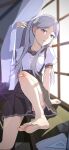  1girl absurdres bandaid bandaid_on_knee bandaid_on_leg barefoot blurry blurry_background breasts commentary_request curtains feet foot_out_of_frame grey_eyes grey_hair grey_sailor_collar highres indoors knee_up legs lens_flare long_hair looking_at_viewer middle_part monogatari_(series) na-suke oikura_sodachi open_mouth owarimonogatari parted_bangs pleated_skirt puffy_short_sleeves puffy_sleeves sailor_collar school_uniform shadow short_sleeves sitting skirt small_breasts soles solo suspender_skirt suspenders toenails toes twintails window 