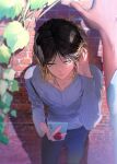  2boys 5454_pnl against_wall black_hair black_pants blonde_hair brick_wall cellphone collarbone commentary_request corrupted_twitter_file haikyuu!! highres holding holding_phone korean_commentary kozume_kenma kuroo_tetsurou long_hair male_focus multicolored_hair multiple_boys pants phone roots_(hair) shirt slit_pupils smartphone solo_focus standing sunlight two-tone_hair white_shirt yellow_eyes 