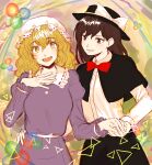  2girls abstract_background black_capelet black_hat black_skirt blonde_hair blush bow bowtie breasts brown_eyes brown_hair capelet collared_dress collared_shirt commentary_request derivative_work dr.latency's_freak_report dress fedora hand_on_another's_hip hand_on_own_chest happy hat hat_bow highres holding_hands juliet_sleeves kuya_(hey36253625) long_sleeves maribel_hearn medium_breasts medium_hair mob_cap multiple_girls open_mouth puffy_sleeves purple_dress quark_(particle) red_bow red_bowtie sash shirt skirt small_breasts touhou usami_renko wavy_hair white_bow white_hat white_sash white_sleeves yellow_eyes 