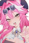  1girl aegyo_sal animal_ears ascot beret black_hat blue_gem blush breasts cleavage collared_shirt commentary fangs fingernails gem goggles goggles_on_head hair_intakes hat highres hololive hololive_english jewelry klai large_breasts long_fingernails long_hair looking_at_viewer multicolored_hair nail_polish open_mouth panther_ears panther_girl pink_hair pink_nails raora_panthera raora_panthera_(1st_costume) shirt signature simple_background sleeveless sleeveless_shirt smile solo streaked_hair virtual_youtuber white_ascot white_background white_shirt yellow_eyes 