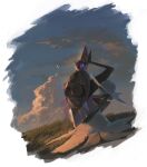  1girl 1other aegislash closed_eyes colored_skin commentary_request dress dusk gardevoir grass green_skin hakumogera hat highres holding holding_shield multicolored_skin one-eyed pokemon pokemon_(creature) purple_eyes shield sitting sun_hat sword two-tone_skin weapon white_dress white_skin 
