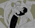  2boys amano_mashiro amasaki_pic angel_wings arm_around_shoulder commentary_request dancing esse_series face-to-face feathered_wings formal_clothes green_background greyscale_with_colored_background hand_on_another's_back holding_hands hug kobayashi_luca male_focus multiple_boys oshi_no_taisetsuna_hito_ni_narikawaru pillar suit wings yaoi 