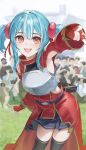  1girl :d alternate_costume armor armpit_cutout belt belt_pouch black_belt black_skirt black_thighhighs blue_hair blurry blush breastplate breasts circle_formation clothing_cutout comiket commentary_request cosplay cowboy_shot depth_of_field double-parted_bangs double_v eye_color_connection fingerless_gloves gloves gold_trim grass grey_armor gyaru_v hair_between_eyes hair_ribbon highres layered_skirt leaning_forward long_skirt long_sleeves looking_at_viewer medium_breasts miniskirt nakashima_(pluscolor) open_mouth outdoors people photographer pleated_skirt posing pouch red_eyes red_gloves red_ribbon red_shrug red_skirt ribbon shiranami_ramune shoulder_cutout shrug_(clothing) sidelocks silica silica_(cosplay) skirt smile solo_focus standing surrounded sword_art_online teeth thighhighs tokyo_big_sight twintails upper_teeth_only v virtual_youtuber vspo! zettai_ryouiki 