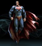  angry belt black_hair boots cape clothes_writing dc_comics highres ikegami_noroshi male_focus muscle solo superman superman_(series) torn_cape 