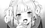  1girl blush commentary cum cum_in_mouth cum_on_tongue fujisaki_hikari greyscale hair_ornament indie_virtual_youtuber looking_at_viewer monochrome open_mouth pointing pointing_at_self pom_pom_(clothes) pom_pom_hair_ornament portrait shigure_ui_(1st_costume)_(vtuber) shigure_ui_(vtuber) solo speech_bubble tongue tongue_out translation_request untranslatable_commentary 