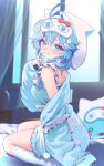  1girl ahoge aqua_cardigan aqua_shirt arahashi_tabi artist_request blue_eyes blush bow cardigan cardigan_partially_removed closed_mouth commentary_request double-parted_bangs finger_to_cheek flower frilled_cardigan frilled_shirt frilled_straps frills from_side hair_flower hair_intakes hair_ornament hand_up highres indoors korean_commentary long_sleeves looking_at_viewer looking_to_the_side mask mask_on_head on_bed polka_dot polka_dot_shirt red_bow second-party_source seiza shirt sitting sleep_mask sleepwear sleeveless sleeveless_shirt sleeves_past_fingers sleeves_past_wrists smile solo stellive virtual_youtuber white_flower 
