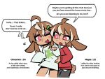  2boys :3 ahoge animal_ears black_pants brothers brown_hair collared_shirt english_text hair_ornament hairclip highres long_sleeves male_focus multicolored_hair multiple_boys one_eye_closed original pants rabbit_boy rabbit_ears rabbit_tail red_eyes red_sweater shirt short_hair siblings speech_bubble suckillpak sweater tail trap two-tone_hair white_background white_hair white_shirt 