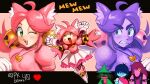  1boy 1other 3girls :d ahoge animal_ear_fluff animal_ears antenna_hair aqua_skin armlet arms_up bell black_border blue_hair blush_stickers boots border breasts cat_ears cat_girl clenched_teeth colored_skin commentary curtained_hair deltarune dress dual_persona english_commentary fang fang_out floating frilled_skirt frills full_body ghost_pink_(deltarune) gloves gold_bell green_eyes green_hat hair_bell hair_ornament hair_over_eyes hands_up hat heart heart_ahoge heart_locket heart_tail_duo highres holding_hands jewelry kris_(dark_world)_(deltarune) kris_(deltarune) layered_skirt layered_sleeves locket long_hair long_sleeves looking_at_viewer mad_mew_mew magical_girl multiple_girls multiple_views one_eye_closed open_mouth outline outside_border pantyhose parted_bangs pendant pink_dress pink_frills pink_hair pink_pantyhose pk_draws_40 puffy_short_sleeves puffy_sleeves purple_dress purple_eyes purple_hair purple_skin ralsei ralsei_(hat) red_scarf red_soul_(utdr) scarf shaded_face short_over_long_sleeves short_sleeves skirt smile soul_(utdr) spiked_armlet susie_(dark_world)_(deltarune) susie_(deltarune) tail teeth thick_eyebrows tutu twitter_username upper_body utdr_(toby_fox) v-shaped_eyebrows white_boots white_gloves white_outline white_skirt 