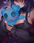  1girl @_@ absurdres artist_name bear_girl between_breasts black_bodice blue_hair blush bodice breasts buttons chain cleavage closed_mouth colored_inner_hair commentary creature detached_sleeves drooling ear_in_mouth english_commentary eyes_out_of_frame fingernails fujikura_uruka fujikura_uruka_(lust) hand_on_another's_head head_out_of_frame high_collar highres kluverdesigns large_breasts long_hair long_sleeves mouth_drool multicolored_hair official_alternate_costume open_mouth phase_connect puffy_detached_sleeves puffy_sleeves red_hair seven_deadly_sins sleeveless solo spiral-only_eyes twitter_username two-tone_hair upper_body virtual_youtuber 