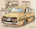  2girls blue_jacket blue_pants braid brown_hair car closed_eyes closed_mouth clothes_around_waist commentary garage green_tank_top isuzu_bellett isuzu_motors jacket jacket_around_waist long_hair low-braided_long_hair low-tied_long_hair mima_nonoka momose_riko motor_vehicle multiple_girls open_mouth pants race_vehicle racecar radio_antenna sekihan short_hair signature smile tank_top through_window vehicle_name yellow_car zesshaka!_shiritsu_yotsuwa_joshi_gakuin_zetsumetsu_kigu-sha_gakka 