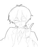  1boy :3 :d antenna_hair closed_eyes collared_shirt commentary_request crossed_bangs dress_shirt esse_series eyepatch fang formal_clothes fujisawa_30 gloves heart highres hyoutenka_30-do_no_zetsubou index_finger_raised lapels male_focus necktie open_mouth shirt short_hair smile solo v-shaped_eyebrows xx_(esse_series) 