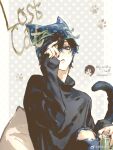  2boys adjusting_clothes adjusting_headwear animal_hat black_nails black_sweater blue_eyes can cat_boy cat_hat cat_tail chibi chibi_inset chiniy ciel_phantomhive denim earrings english_text hair_between_eyes hat highres holding holding_can jeans jewelry kuroshitsuji long_sleeves male_focus multiple_boys multiple_rings pants parted_lips pillarboxed pillow polka_dot polka_dot_background ring sebastian_michaelis short_hair sleeves_past_wrists solo_focus sweater tail torn_clothes torn_jeans torn_pants turtleneck turtleneck_sweater watermark weibo_watermark 