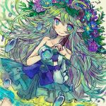  1girl ahoge blue_dress blue_eyes bow closed_mouth commentary cowboy_shot dormir_(challco) dress flower frilled_dress frills green_hair hair_flower hair_ornament head_wreath leaf_hair_ornament long_hair looking_at_viewer monster_strike off-shoulder_dress off_shoulder pointy_ears purple_bow purple_flower purple_sash sash smile solo very_long_hair water_drop yggdrasill_(monster_strike) 