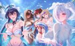  5girls animal_costume aqua_hair bare_shoulders bikini bird_costume black_hair blonde_hair blue_sky blush breasts brown-tinted_eyewear brown_eyes brown_hair cinderella_(crystal_wave)_(nikke) cinderella_(nikke) cleavage closed_mouth cloud collarbone colored_inner_hair commentary dark-skinned_female dark_skin day detached_sleeves english_commentary eyepatch_bikini eyewear_on_head flower fu_oekakiman goddess_of_victory:_nikke grin hair_flower hair_intakes hair_ornament hair_over_one_eye highres huge_breasts large_breasts lifeguard little_mermaid_(nikke) little_mermaid_(shell_princess)_(nikke) long_hair looking_at_viewer marciana_(marine_study)_(nikke) marciana_(nikke) multicolored_hair multiple_girls naga_(nikke) naga_(ring_ensemble)_(nikke) navel navel_piercing necklace_between_breasts o-ring o-ring_bikini o-ring_slingshot_swimsuit ocean official_alternate_costume official_alternate_hairstyle open_mouth open_onesie outdoors penguin_costume penguin_hair_ornament penguin_ornament piercing ponytail purple-tinted_eyewear red_eyes red_slingshot_swimsuit red_visor_cap sarong shell shell_hair_ornament shirt sky slingshot_swimsuit smile stomach sunglasses swimsuit teeth tia_(nikke) tia_(sea_lizzie)_(nikke) tinted_eyewear twintails very_long_hair visor_cap wading water white_bikini white_hair white_sarong white_shirt wrist_flower yellow_eyes 