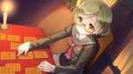  1girl aihara_yuuri buttons candle card chair closed_mouth collarbone curtains desk dim_lighting double-breasted from_above from_side game_asset glasses green_eyes green_hair green_jacket grey_sailor_collar indoors jacket kamitsure_~7_no_nijou_fushigi~ light_smile long_sleeves miniskirt mizuki_kotora neckerchief non-web_source on_chair pleated_skirt red_neckerchief sailor_collar school_uniform self-datamine short_hair skirt tarot tarot_card white_skirt winter_uniform 