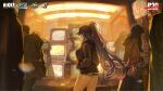  1boy 2girls 2others baseball_cap black_hair black_jacket breasts commentary english_commentary goddess_of_victory:_nikke hair_through_headwear hands_in_pockets hat highres hood hood_down hooded_jacket jacket large_breasts long_sleeves multicolored_hair multiple_girls multiple_others official_art persona persona_4 pink_hair ponytail quency_(nikke) rain red_eyes reflection shorts streaked_hair striped_clothes striped_shorts television two-tone_hair 