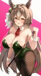  1girl alternate_costume animal_ears between_breasts blush breasts brown_eyes brown_hair brown_pantyhose clothes_between_breasts commentary cue_stick detached_collar ear_ribbon fishnet_pantyhose fishnets green_leotard hair_between_eyes highres holding holding_cue_stick horse_ears horse_girl horse_tail large_breasts leotard necktie necktie_between_breasts nontraditional_playboy_bunny p1_fcoyaa pantyhose red_necktie ribbon satono_diamond_(umamusume) solo strapless strapless_leotard tail umamusume white_ribbon wrist_cuffs 