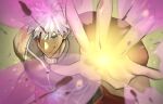  1boy absurdres archer_(fate) battle_damage broken broken_weapon bruise bruise_on_face casting_spell damaged energy_barrier energy_shield fate/grand_order fate/stay_night fate_(series) highres injury male_focus messy_hair noble_phantasm_(fate) rho_aias shroud_of_martin solo spiked_hair torn_clothes weapon white_hair yag123gwa 