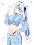 1girl absurdres ahoge aokumo_rin belt belt_buckle black_ribbon blue_eyes blue_hoodie blue_pants blue_streaks blush breasts buckle closed_mouth clothes_writing cloud_hair_ornament commentary_request copyright_name cowboy_shot crop_top cropped_hoodie grey_hair hair_intakes hair_ornament hair_ribbon hand_on_own_hip hand_up highres hood hood_down hoodie korean_commentary l_hand long_hair looking_at_viewer multicolored_hair navel pants ribbon ribo_(rribbo) side_ponytail simple_background smile solo standing stellive stomach streaked_hair v-shaped_eyebrows virtual_youtuber white_background white_belt 