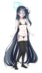  1girl absurdly_long_hair absurdres aqua_halo aris_(blue_archive) bikini black_bikini black_hair black_hairband black_thighhighs blue_archive blue_eyes blush breasts commentary_request double-parted_bangs hair_between_eyes hairband halo highres korean_commentary long_hair long_hair_between_eyes looking_at_viewer micro_bikini navel one_side_up open_mouth poorunii rectangular_halo ringed_eyes side-tie_bikini_bottom small_breasts smile solo stomach string_bikini swimsuit thighhighs transparent_background very_long_hair 