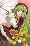  1girl absurdres aeronmeri_19198 alternate_costume artist_name beret brown_pantyhose capelet chinese_commentary commentary_request dress flower frilled_dress frills green_hair hair_flower hair_intakes hair_ornament hat highres holding holding_umbrella kazami_yuuka long_sleeves looking_at_viewer open_mouth pantyhose pink_umbrella plaid_clothes plaid_dress red_capelet red_dress red_eyes red_hat solo sunflower touhou umbrella yellow_flower 