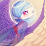  1girl angel_wings artist_name bellavoirr blue_hair blue_skin blush bob_cut colored_skin feathered_wings gardevoir hair_over_one_eye halo multicolored_skin pokemon pokemon_(creature) red_eyes smile two-tone_skin white_skin wings 