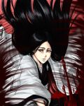  1girl black_hair black_kimono bleach bleach:_sennen_kessen-hen blood blue_eyes chris-jin commentary english_commentary expressionless haori japanese_clothes kimono lips long_hair minazuki_(bankai) red_background shihakusho solo taichou_haori unohana_retsu upper_body white_haori 