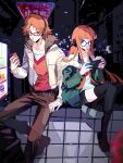  1boy 1girl bare_shoulders black_thighhighs brown_eyes brown_hair brown_pants collarbone commentary_request full_body glasses green_jacket hanamura_yousuke highres jacket long_hair looking_at_viewer nanguapian orange_hair pants persona persona_4 persona_5 purple_eyes sakura_futaba shirt short_hair sitting thighhighs white_jacket white_shirt 