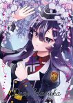  1girl black_hair blue_archive blush commentary_request garrison_cap hair_between_eyes hair_ornament hairclip haruka_(blue_archive) hat highres juliet_sleeves leaf long_hair long_sleeves looking_at_viewer n/a_tsuna petals puffy_sleeves purple_eyes purple_hair solo 