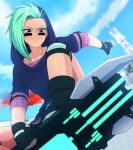  1girl aqua_hair asymmetrical_hair black_boots black_gloves blue_hoodie blue_sky blurry blurry_background boots clip_studio_paint_(medium) closed_mouth cloud collarbone commentary day dutch_angle elbow_pads english_commentary eyelashes facepaint fingerless_gloves gloves green_eyes highres hood hood_up hoodie hoverboard knee_pads long_sleeves patreon_username reese_chloris rwby schrwby short_hair sky smile solo split_mouth v-shaped_eyebrows 