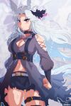  1girl ahoge animal_ears artbenbeau bare_shoulders belt black_belt black_collar black_shorts blush breasts cleavage clenched_hands closed_mouth clothing_cutout collar ear_ornament folkqueen_(racing)_(umamusume) folkqueen_(umamusume) grey_belt grey_hair grey_jacket heterochromia highres horse_ears horse_girl jacket large_breasts long_hair long_sleeves looking_at_viewer navel red_eyes shorts shoulder_cutout solo thigh_belt thigh_strap torn_clothes torn_shorts umamusume umamusume:_cinderella_gray yellow_eyes 