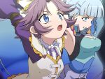  2girls absurdres armpits arms_up blue_eyes bow braid breasts cable clenched_teeth commentary_request dress frilled_bow frilled_dress frills hair_bow hair_ornament hairclip highres hitsugi_mc latooni_subota long_sleeves medium_hair multiple_girls open_mouth paid_reward_available parallel_hairclips parted_bangs restrained seolla_schweizer side_braid sleeveless super_robot_wars super_robot_wars_original_generation teeth 