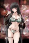  1girl abstract_background black_hair black_robe blush bra breasts chisa_(wuthering_waves) cleavage collarbone commentary embroidered_bra embroidered_panties fingernails food food_in_mouth full_body groin hair_ribbon highres holding holding_food holding_pocky large_breasts long_fingernails long_hair looking_at_viewer m_(1n910) mole mole_under_eye multi-strapped_panties nail_polish navel panties pocky pocky_in_mouth red_eyes red_nails red_ribbon ribbon robe skindentation solo stomach thigh_gap thigh_strap thighs underwear untranslatable_commentary white_bra white_panties wuthering_waves 