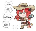  1girl :3 absurdres annette_(trickcal) belt boots brown_hat chibi commentary_request cowboy_hat dragon_girl dragon_tail drooling fang fingerless_gloves fringe_trim gloves hat highres horns korean_commentary korean_text low_twintails megaphone red_hair simple_background solo speech_bubble star-shaped_pupils star_(symbol) symbol-shaped_pupils tail thigh_boots translation_request trickcal twintails white_background wings zebread 